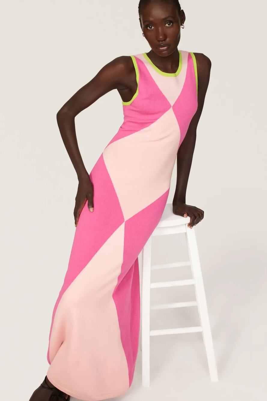 Victor Glemaud Colorblock Sweater Knit Maxi Dress Pink Berry Harlequin Size M